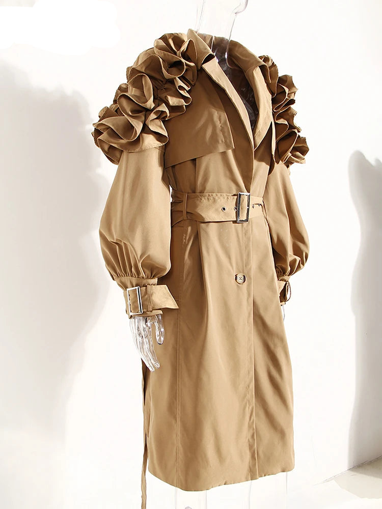 Beige trench coat with ruffled sleeves